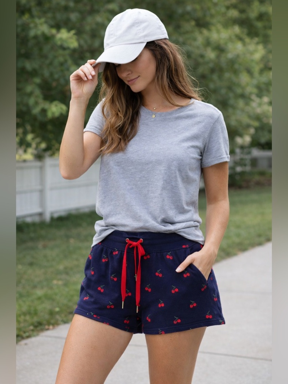 NWOT Twik Embroidered Cherries Jogger Shorts Navy Red stretch size small